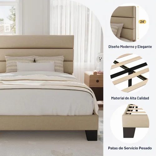Vista 6 de Allewie Base de cama de plataforma de tamaño individual con cabecera tapizada de tela y soporte de listones de madera, base de colchón totalmente