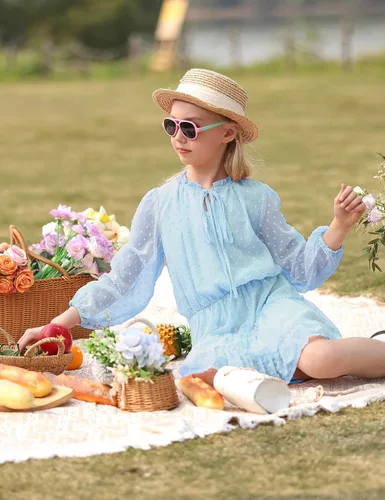 Vista 8 de DONWEN Vestido de punto suizo para niña, manga larga, vestido de gasa fluido, vestido de primavera y verano, con lazo frontal, vestidos casuales