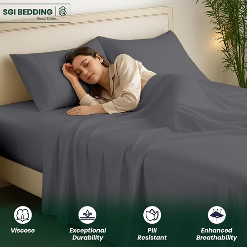 Vista 3 de SGI bedding Juego de sábanas tamaño matrimonial de lujo de 4 piezas, 100% viscosa de bambú cultivada orgánicamente, ultra suave, refrescante