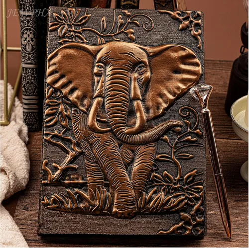 Vista 6 de Diario de Cuero Vintage con Elefante 3D con Juego de Bolígrafos, Libreta Diaria de Cuero Antiguo Hecha a Mano, Cuaderno de Bocetos, Diario de Viaje