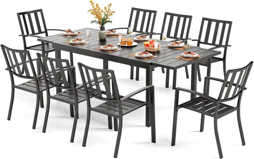 Vista 34 de PHI VILLA Juego de comedor al aire libre de 7 piezas para 6, mesa rectangular de metal negro de 60 pulgadas con agujero para sombrilla y sillas