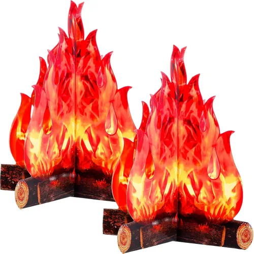 Vista 9 de Boao 2 juegos de fuego falso, llama falsa, decoración de campamento, pieza central de fogata de cartón 3D, llamas artificiales, decoración de fiesta