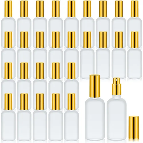 Vista 17 de Roshtia 30 botellas vacías decorativas transparentes de 0.33 onzas fluidas de color madera de haya con atomizador de perfume recargable, con bomba