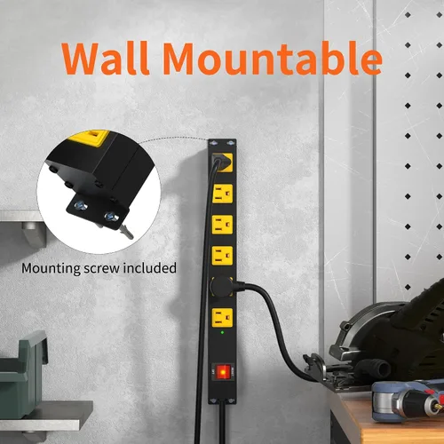 Vista 2 de Regleta de alimentación larga de metal resistente de 6 tomas con disyuntor, cable de extensión, certificación ETL, soporte de pared para garaje