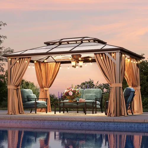 Vista 21 de Aoxun 10'x10' Outdoor Gazebo with Polycarbonate Roof Khaki Single Roof Caqui