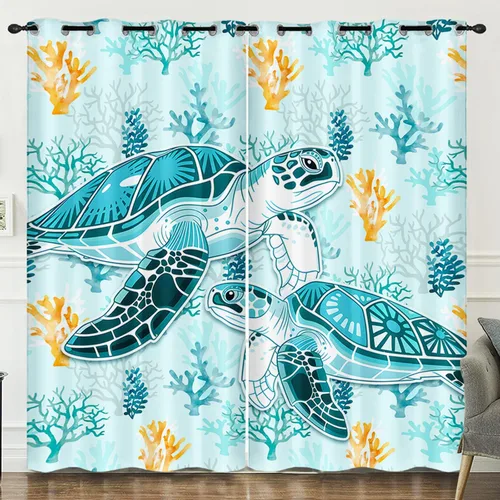 Vista 7 de HOSIMA Cortinas de tortuga marina, cortinas con temática de animales costeros azules para niñas, sala de estar, dormitorio, decoración de baño, 2