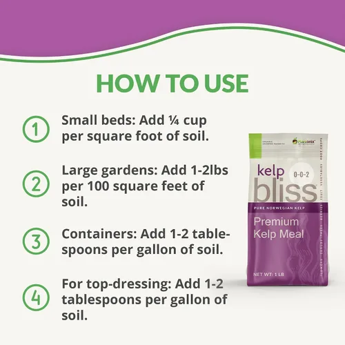 Vista 3 de Kelp Bliss (10 libras) - Fertilizante orgánico de harina de algas para plantas, suelo de jardín, flores, verduras y césped, fertilizante orgánico