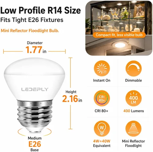 Vista 3 de Bombilla LED R14, 4 W = 40 W regulable E26 Base Mini LED Reflector