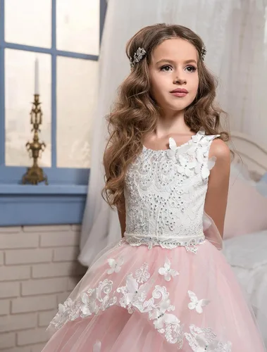 Vista 3 de Vestido de niña de flores, para niñas con cuentas y encaje, traje para certámenes.