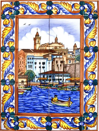 Vista 6 de Mural de cerámica pintado a mano Calles típicas/Mercado/MARKETPLACE con borde de borde. 17.72'' x 23.62''. 25379 Mural Calles típicas con borde