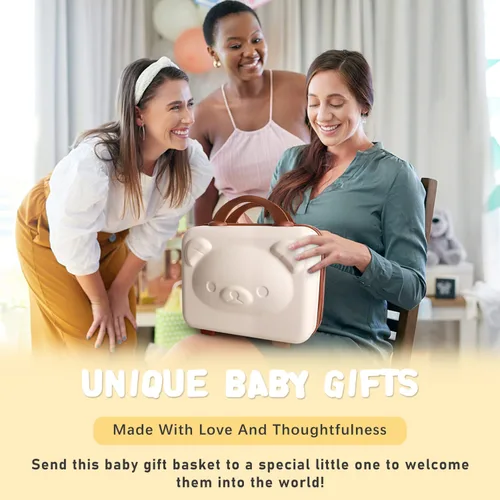 Vista 7 de iAOVUEBY Juego de regalo para bebé, regalos de baby shower para niñas y niños, cesta de regalo de oso para bebé, incluye manta de sonajero