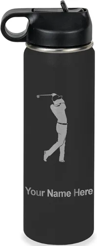 Vista 42 de LaserGram Botella de agua personalizada, golfista de golf, acero inoxidable de doble pared aislada al vacío con popote superior, regalo grabado Negro