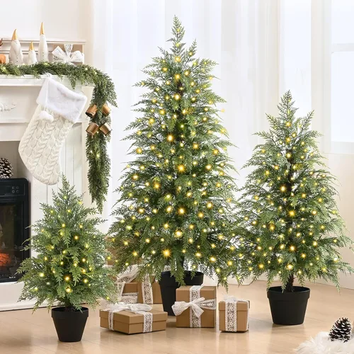 Vista 2 de Árbol de Navidad con luces de 2 pies, 3 pies y 4 pies, juego de 3 árboles de Navidad de cedro preiluminados, mini árbol de Navidad artificial