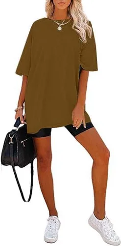 Vista 3 de Remidoo Camiseta de gran tamaño para mujer, cuello redondo, manga corta, holgada, de algodón