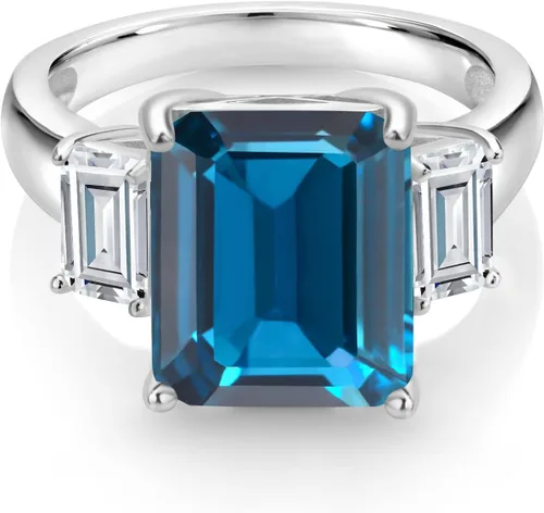 Vista 3 de Gem Stone King Anillo de plata de ley 925 con topacio azul Londres y moissanita blanca de 3 piedras para mujer