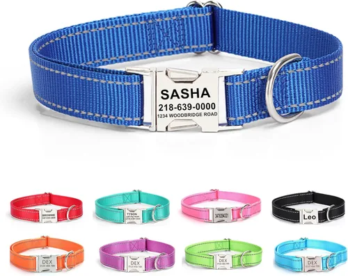 Vista 27 de Collar personalizado para perro con etiqueta de nombre, collar de nailon reflectante para mascotas, collares de perro con hebilla dorada grabada