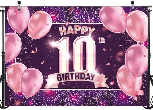 Vista 2 de Decoraciones de fondo de feliz cumpleaños 10 para niñas, pancarta de fondo rosa, morado y dorado Cartel de fondo de fotos de feliz 10 cumpleaños