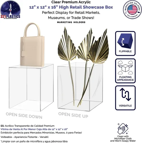 Vista 4 de Caja elevadora de acrílico de 12 x 12 x 16 pulgadas, trono transparente con un lado abierto sin tapa, versátil rectangular Lucite para productos al