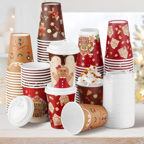 Vista 11 de Gerrii Juego de 100 vasos de papel de Navidad desechables de 12 onzas con tapas, tazas de chocolate caliente, tazas de café, tazas calientes