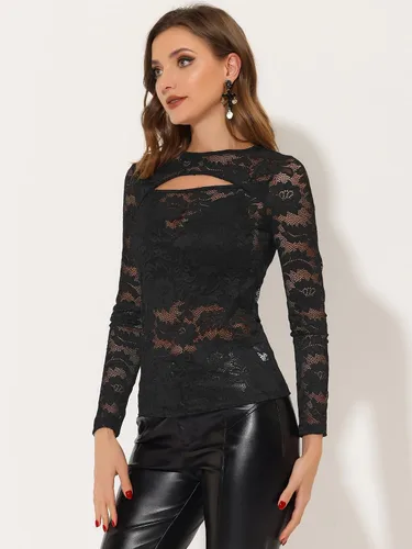 Vista 5 de Allegra K Top transparente para mujer, de manga larga, semi transparente, con encaje