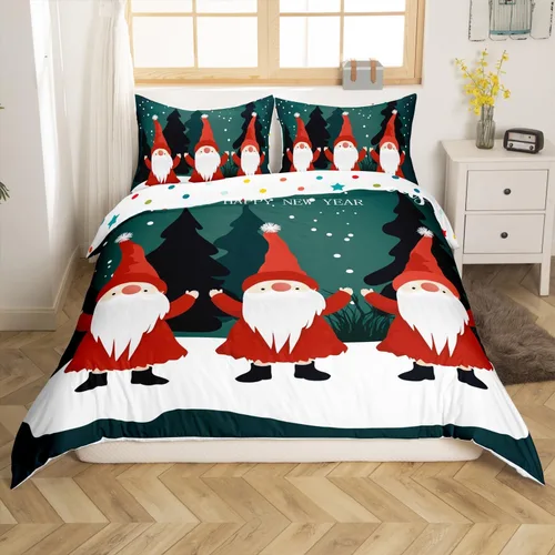 Vista 23 de Erosebridal Juego de ropa de cama de Navidad escandinavos gnomos de Papá Noel, funda de edredón de Papá Noel nevando para niños y niñas, funda