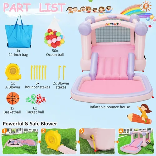 Vista 9 de AKEYDIY Pastel Dream Casa de Rebote para Niños de 3-10, Casa de Rebote de Agua de 161x82x63 pulgadas con Tobogán, Piscina de Pelotas/Foso