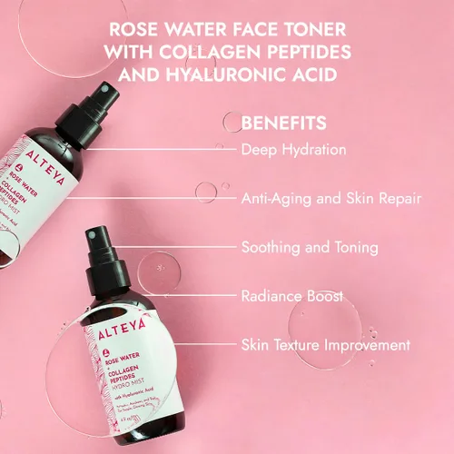 Vista 4 de Alteya Organics Tónico facial de agua de rosas, con péptidos de colágeno y ácido hialurónico, niebla facial hidratante para piel antienvejecimiento