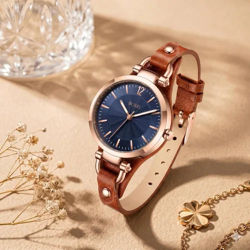 Vista 2 de BUREI Reloj de pulsera analógico de cuarzo para mujer, correa de cuero, reloj de pulsera Relogio Feminino, regalo para mujer