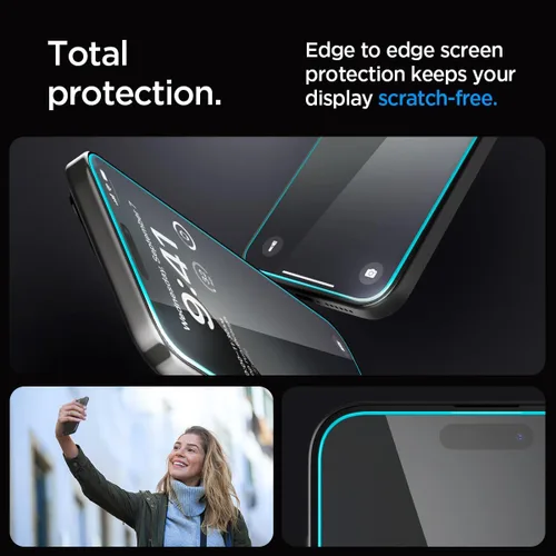Vista 5 de Spigen Protector de pantalla de vidrio templado [GlasTR EZ FIT] diseñado para iPhone 15 Pro [compatible con carcasa] - Paquete de 2 9H Hardness
