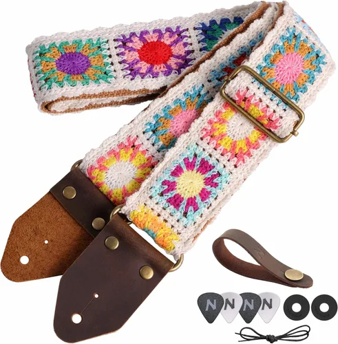 Vista 38 de Nefelibata Correa de guitarra, correas de guitarra de algodón bordado jacquard con extremos de cuero de caballo loco para bajo, eléctrico