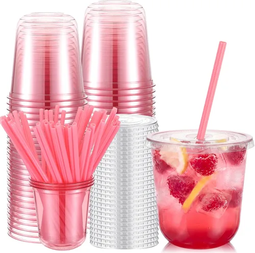 Vista 21 de Ziliny Juego de 50 vasos de plástico de paja negra con pajitas y tapas en forma de corazón, tazas desechables para café helado, mascotas