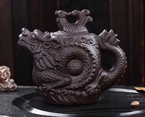 Vista 4 de Auténtica tetera Yixing Dragón y Fénix Tetera de gran capacidad Juego de té de arcilla morada, tetera Kung Fu (negro)