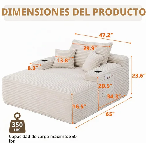 Vista 2 de Sillón reclinable extragrande de 67", sofá nube de pana moderno con 3 almohadas, sofá de asiento profundo sin estructura para sala de estar, silla