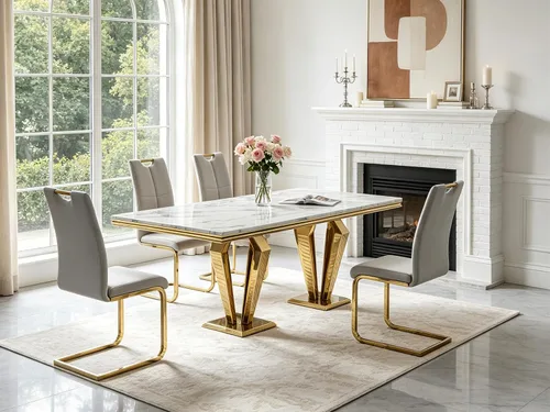 Vista 43 de 5 Piece Black Marble Dining Table Set for 4, Modern Faux Marble Kitchen Dining Room Tables with 4 Leather Chairs Set, 68.11" Luxury Rectangular