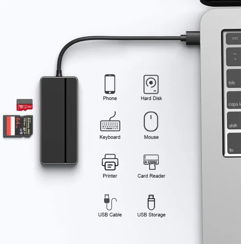 Vista 6 de Orlian Hub adaptador USB 3.0 5 en 1, con 3 puertos USB 3.0, lector de tarjetas SD y microSD, adaptador USB A a USB C, para MacBook Pro, iMac, XPS