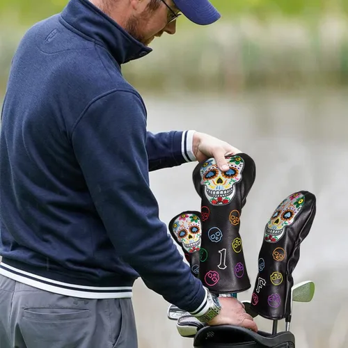 Vista 9 de Montela Golf Club Covers,Colorful Skeleton Putter Cover Driver Covers Negro/Para 3 Piezas