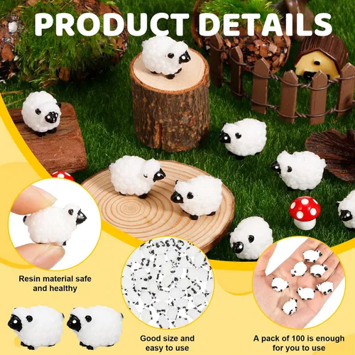 Vista 3 de 100 mini figuras de oveja blanca en miniatura de resina de ovejas pequeñas, lindas figuritas pequeñas de hada al aire libre, adornos de musgo, Negro