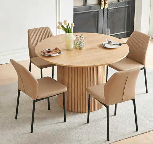 Vista 38 de Juego de mesa de comedor para 4, mesa de comedor rectangular irregular de madera moderna, sillas de comedor de cuero, 4 mesas y sillas, juego de 4
