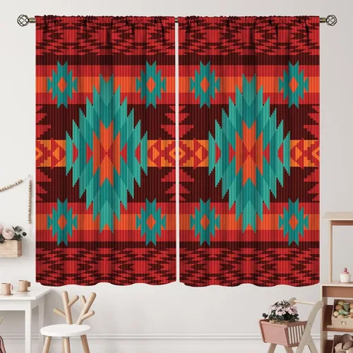 Vista 123 de Cortinas con patrón geométrico tribal, estilo suroeste, azteca, rústico, occidental, nativo americano, opacas, con bolsillo para barra, decoración