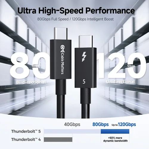Vista 3 de Cable Matters [Certificado por Intel] Cable Thunderbolt 5 de 80 Gbps con hasta 120 Gbps de aumento de ancho de banda y carga de 240 W - 0,3 m / 1