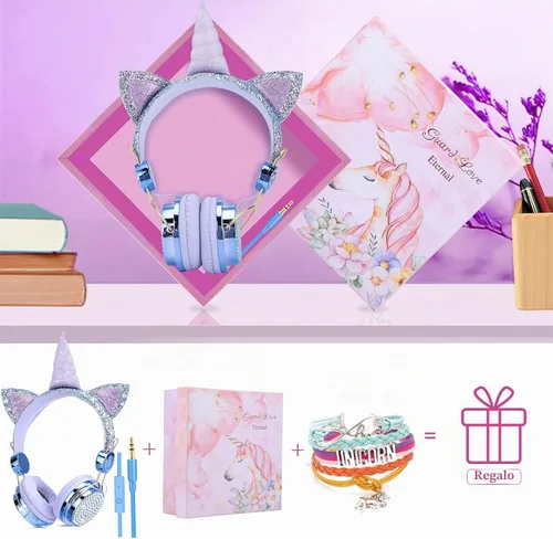 Vista 7 de TCJJ Unicorn - Auriculares con cable para niños con micrófono, conector de Azul