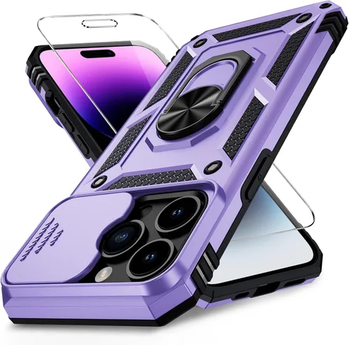 Vista 9 de Funda para iPhone 14 con cubierta para lente de cámara, protector de pantalla HD, protección contra caídas de grado militar de 10 pies, soporte