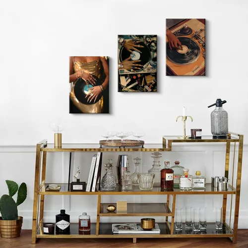 Vista 2 de QWETYY666 3 piezas de arte de pared en lienzo de mujer afroamericana, decoración de pared de personas negras funky negras, pinturas musicales