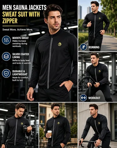 Vista 6 de NINGMI Traje de sauna para hombre, chaqueta para sudar, camisa de manga larga, trajes de entrenamiento con cremallera, gimnasio, ejercicio, fitness