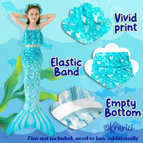 Vista 2 de Krarici Traje de baño de cola de sirena de 4 piezas traje de baño de cola de natación traje de cosplay para niñas y niños sin monoaleta