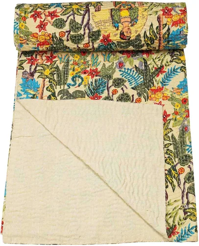 Vista 2 de Marubhumi Colcha de algodón puro Kantha con diseño tradicional indio de Farida (beige, individual (60 x 90 pulgadas)