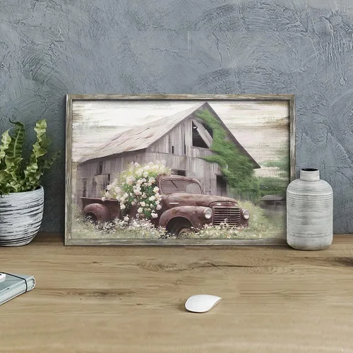 Vista 4 de Arte de pared de madera enmarcada de granja: arte de camión viejo rústico pintura de madera de granero para dormitorio