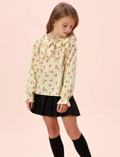 Vista 2 de Belle Poque Blusa de manga larga de las niñas del bebé de Peter Pan cuello Top Cherry Tops de algodón para la primavera otoño