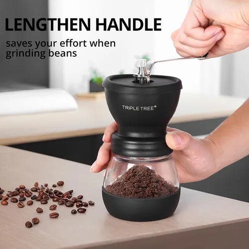 Vista 5 de Molinillo de café manual con rebabas de cerámica y mango de acero inoxidable alargado, molinillo de café de mano con 2 frascos de vidrio