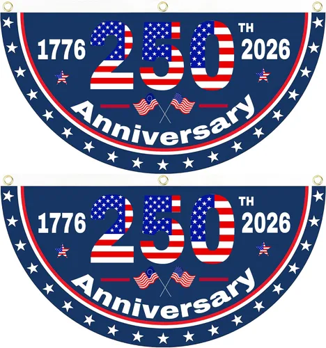 Vista 9 de 2 banderas de Estados Unidos con el número 250 aniversario, banderas de abanico 1776-2026 de 1.5 x 3 pies, bandera de aniversario de 250 años